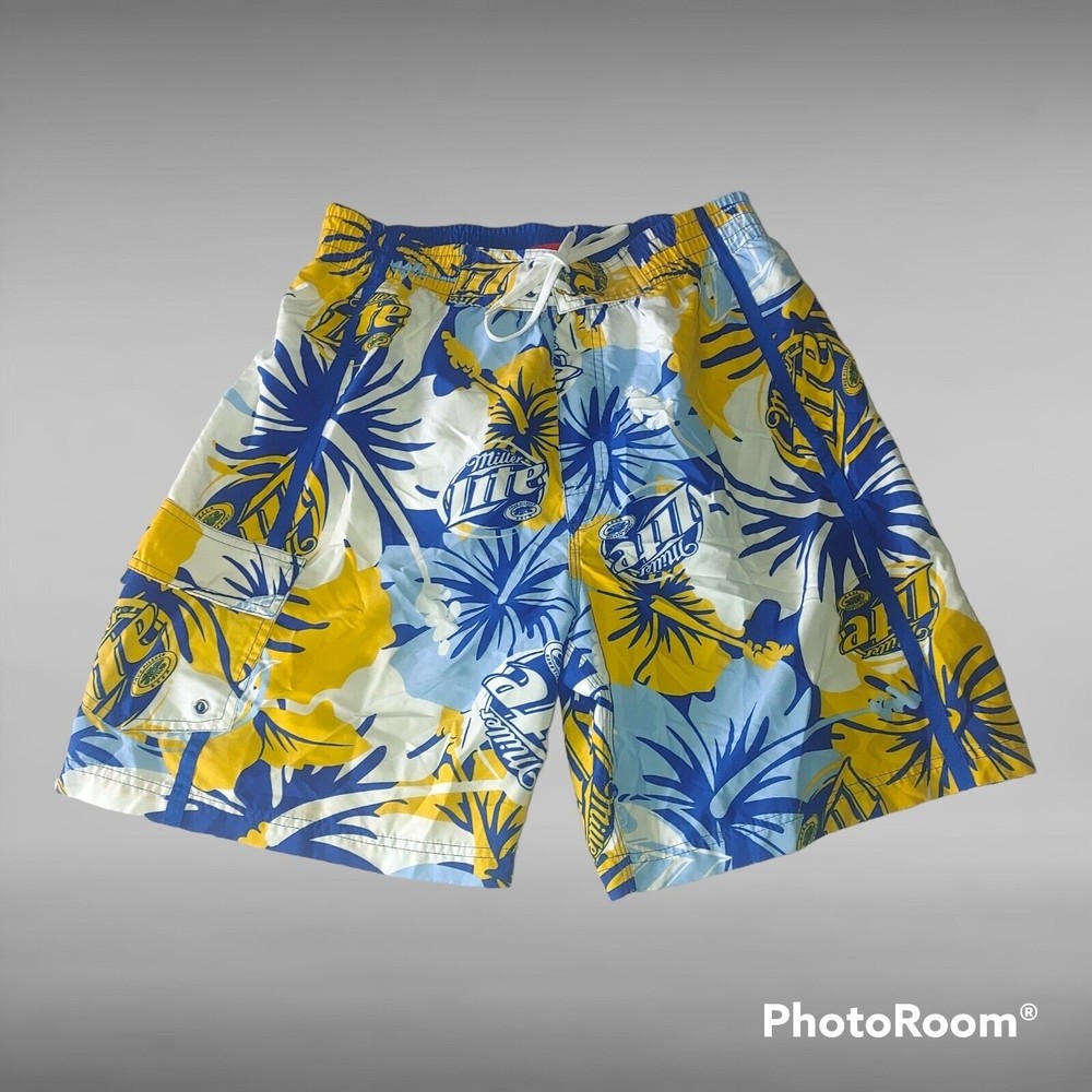 Miller Lite Swim Trunks Shorts Drawstring Logo Men's 34 Blue Yellow Floral